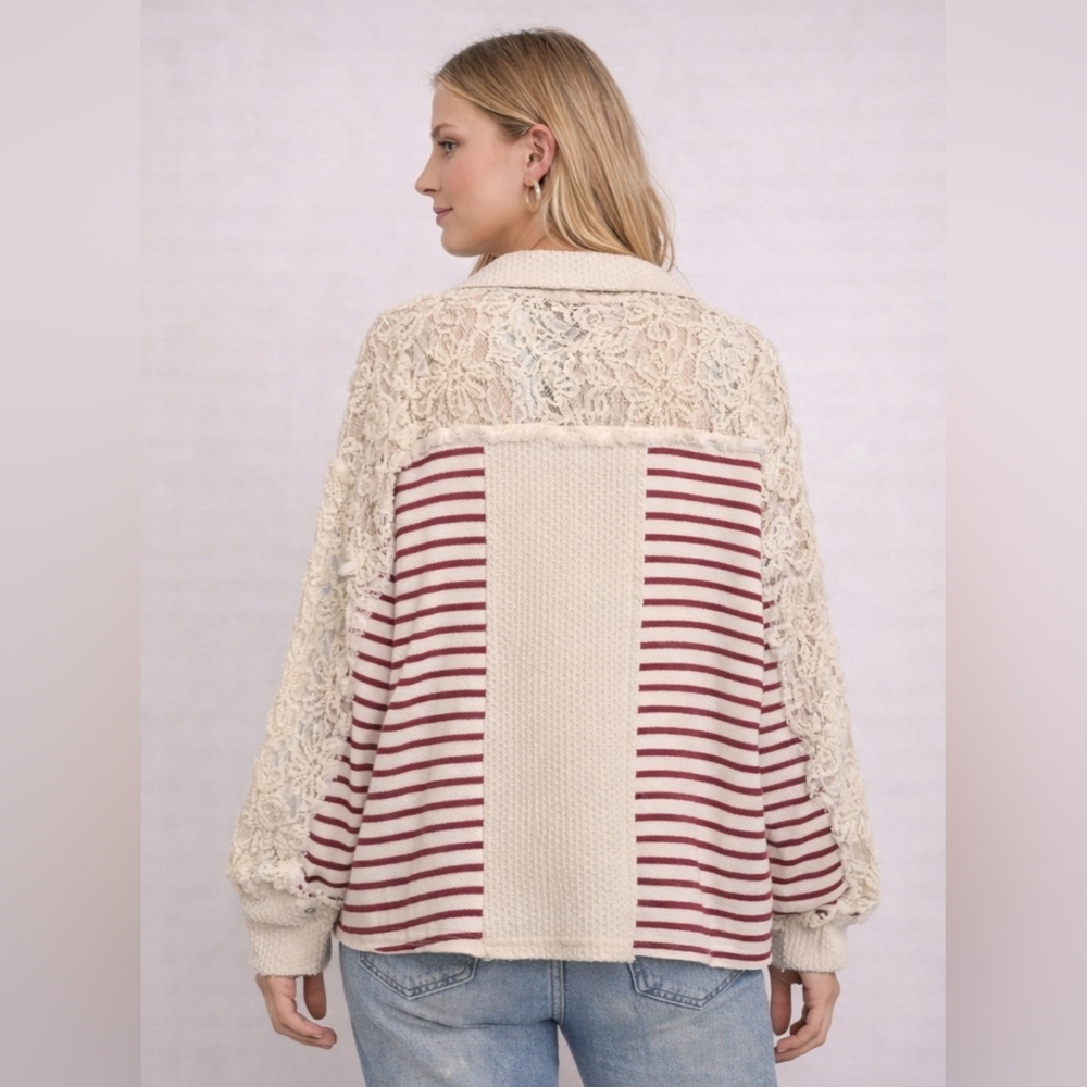 POL Lace Patchwork Stripe Pullover – Small (Overs… - image 2